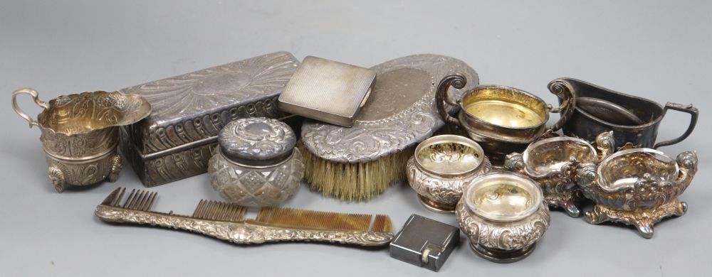 A two handled silver sugar bowl, a small jug, a repousse silver box and sundry small silver and plated items.